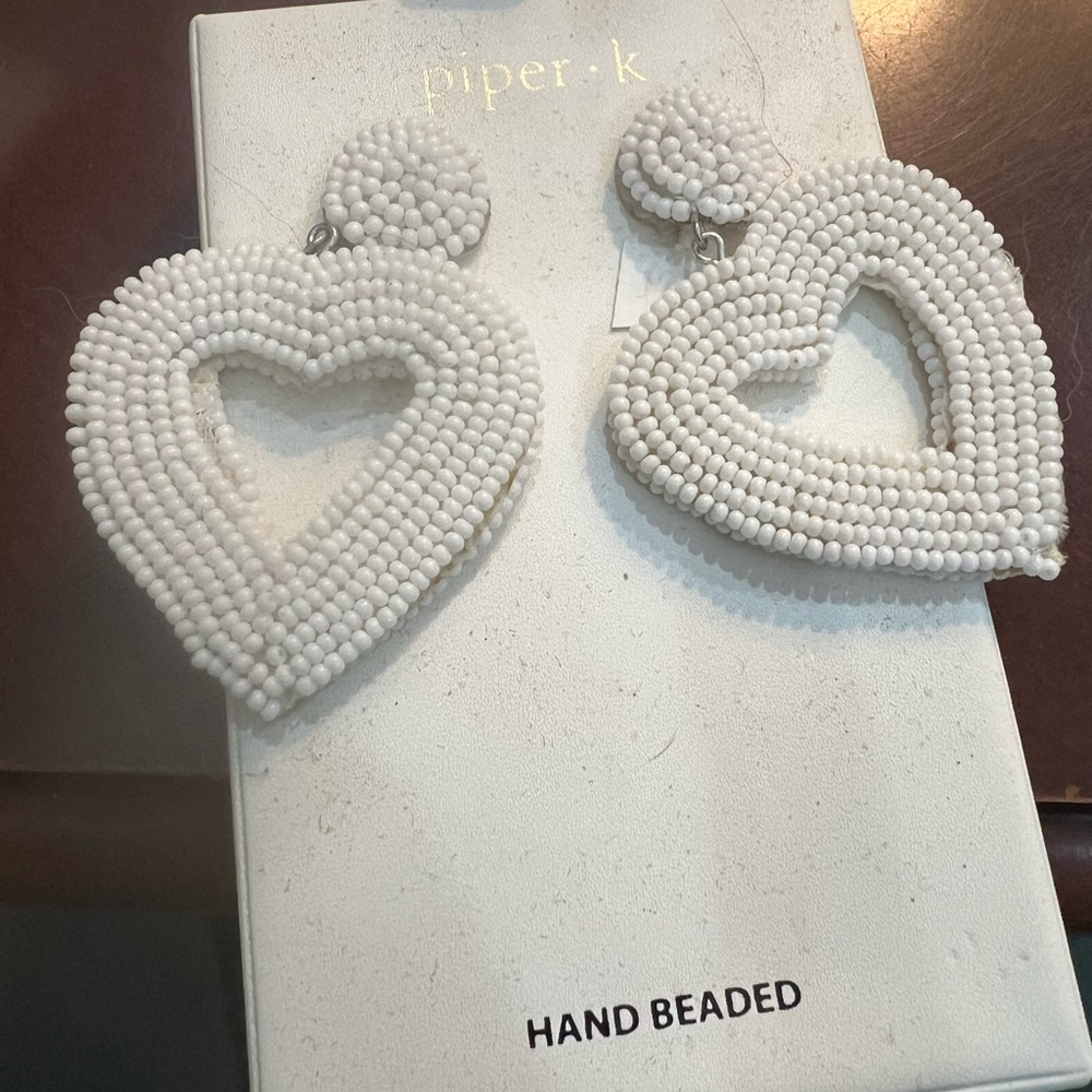 Earrings, hand beaded white hearts, new in box. Piper K, Valentine’s Day